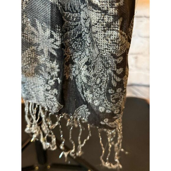 Sheer Long Lace Scarf Shawl Black Silver Glitter Stitching Fringe - Picture 4 of 9